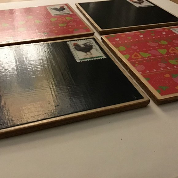 Rooster Coasters, 4 pack, Postage Stamp Wood Coaster Set with Cork Backing, Drin - Picture 3 of 8